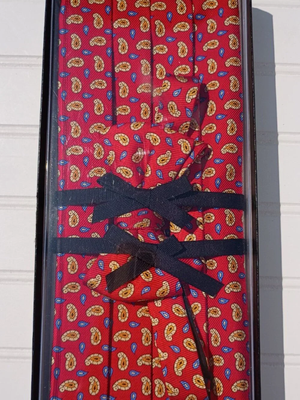 NEW R Hanauer Silk Bow Tie and Cummerbund Set Red Yellow Paisley Made in USA Vtg